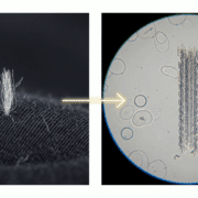 Forensic Evidence Association Fiber Comparison Split image showing a unique fiber on dark clothing on one side and the same fiber under a comparison microscope on the other connected by an arrow representing forensic evidence association Simplyforensic