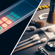 Forensic Science Tools and DNA Analysis Split image showing a DNA electrophoresis gel with glowing bands on one side and forensic tools like fingerprint brushes evidence markers and a magnifying glass on the other representing forensic science Simplyforensic