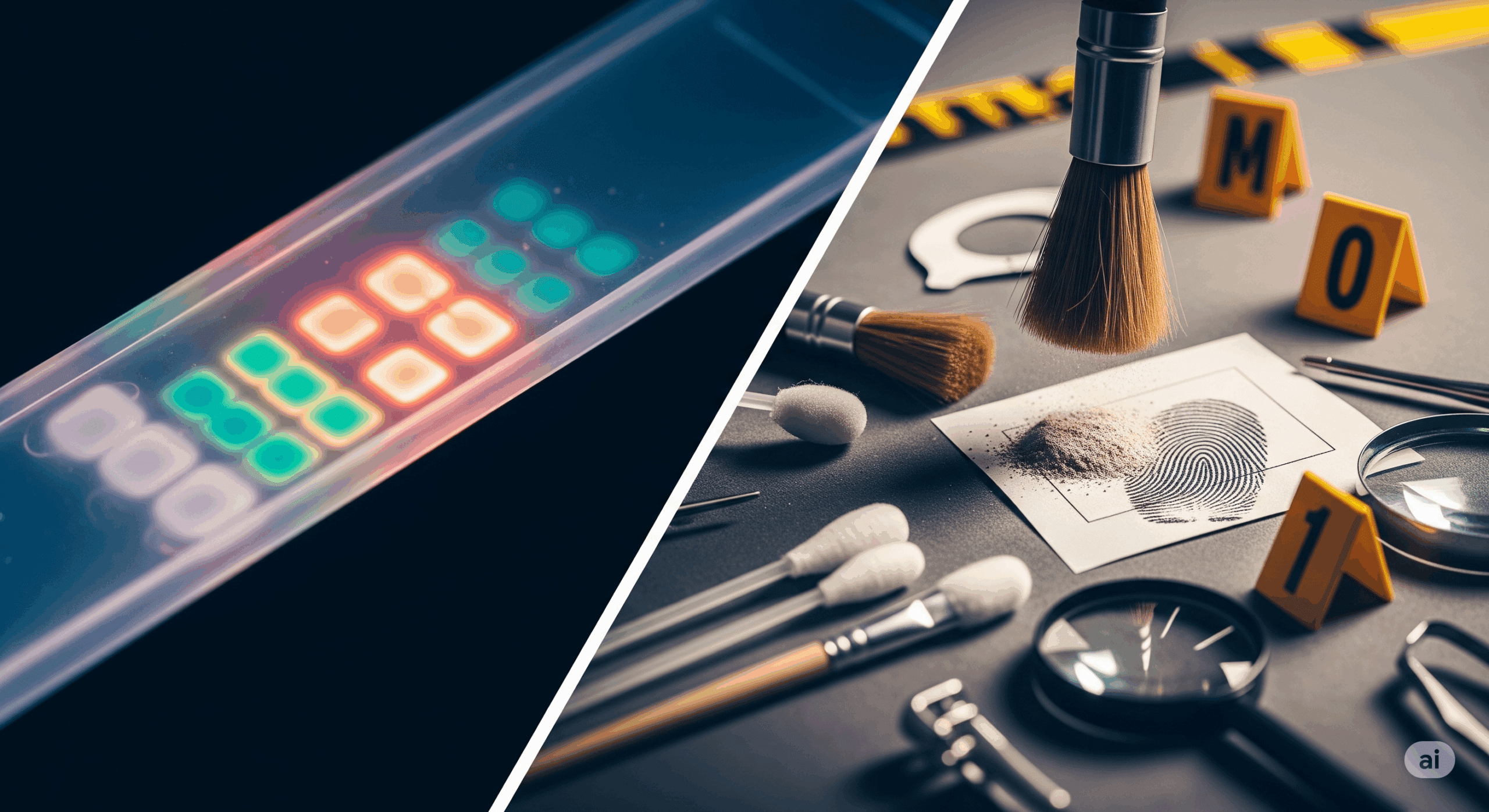 Forensic Science Tools and DNA Analysis Split image showing a DNA electrophoresis gel with glowing bands on one side and forensic tools like fingerprint brushes evidence markers and a magnifying glass on the other representing forensic science Simplyforensic