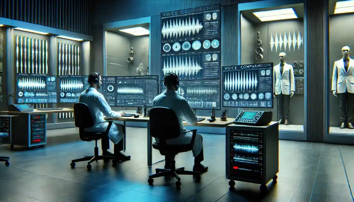 A High Tech Forensic Lab Focused On Voice Comparison The Scene Shows Advanced Computers With Multiple Screens Displaying Voice Spectrograms Waveform