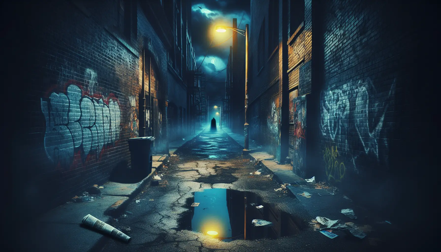 Dark alley at night with a hooded figure in the distance Mysterious dark alley with graffiti and hooded figure at night Simplyforensic