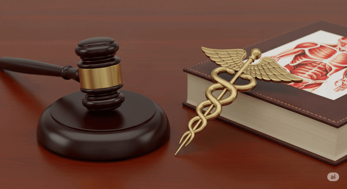 A gavel and medical symbol intertwined illustrating the role of forensic pathology at the intersection of medicine and law
