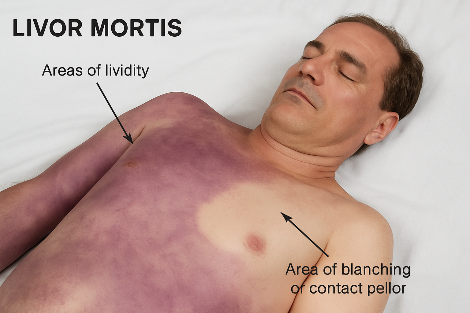 Livor Mortis Postmortem Lividity and Blanching A medical diagram showing a deceased person with areas of postmortem lividity discoloration and a distinct area of blanching or contact pallor used to explain livor mortis Simplyforensic