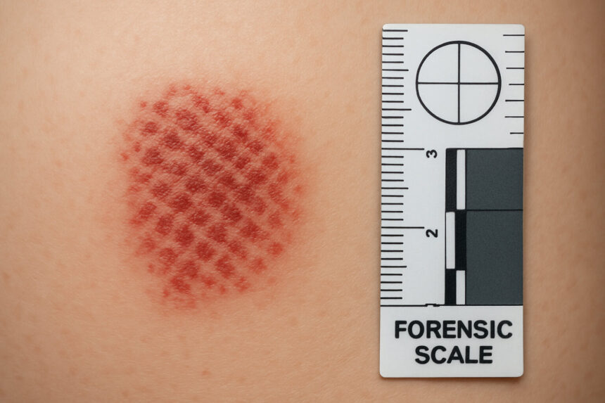 abrasion A clinical non graphic image showing a patterned abrasion on skin with a forensic scale for measurement Simplyforensic
