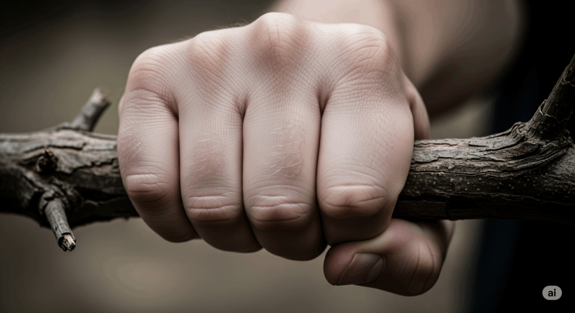 close up of a hand rigidly gripping a branch symbolizing a cadaveric spasm in forensic pathology