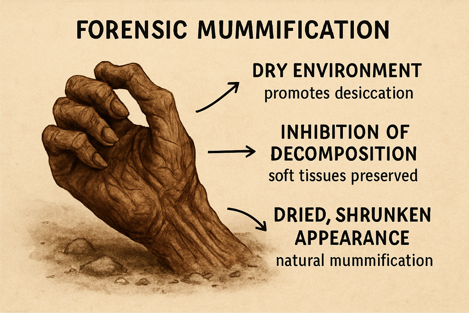 image depicting a naturally mummified hand or a schematic illustrating the process of forensic mummification