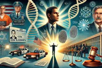 Kirk Bloodsworth DNA Exoneration Journey From Wrongful Conviction to Justice Kirk Bloodsworths wrongful conviction and DNA exoneration journey featuring courtroom DNA helix and scales of justice Simplyforensic