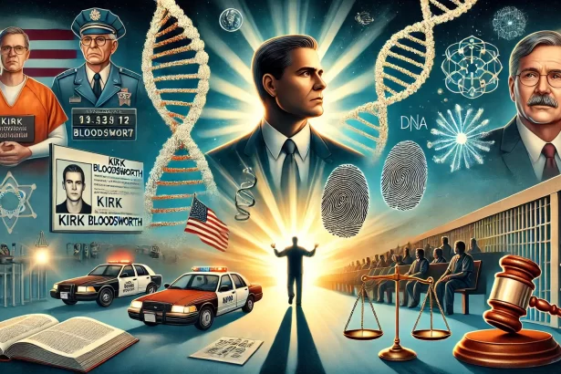 Kirk Bloodsworth DNA Exoneration Journey From Wrongful Conviction to Justice Kirk Bloodsworths wrongful conviction and DNA exoneration journey featuring courtroom DNA helix and scales of justice Simplyforensic