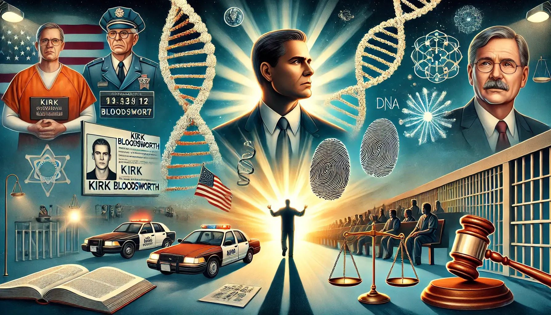 Kirk Bloodsworth DNA Exoneration Journey From Wrongful Conviction to Justice Kirk Bloodsworths wrongful conviction and DNA exoneration journey featuring courtroom DNA helix and scales of justice Simplyforensic