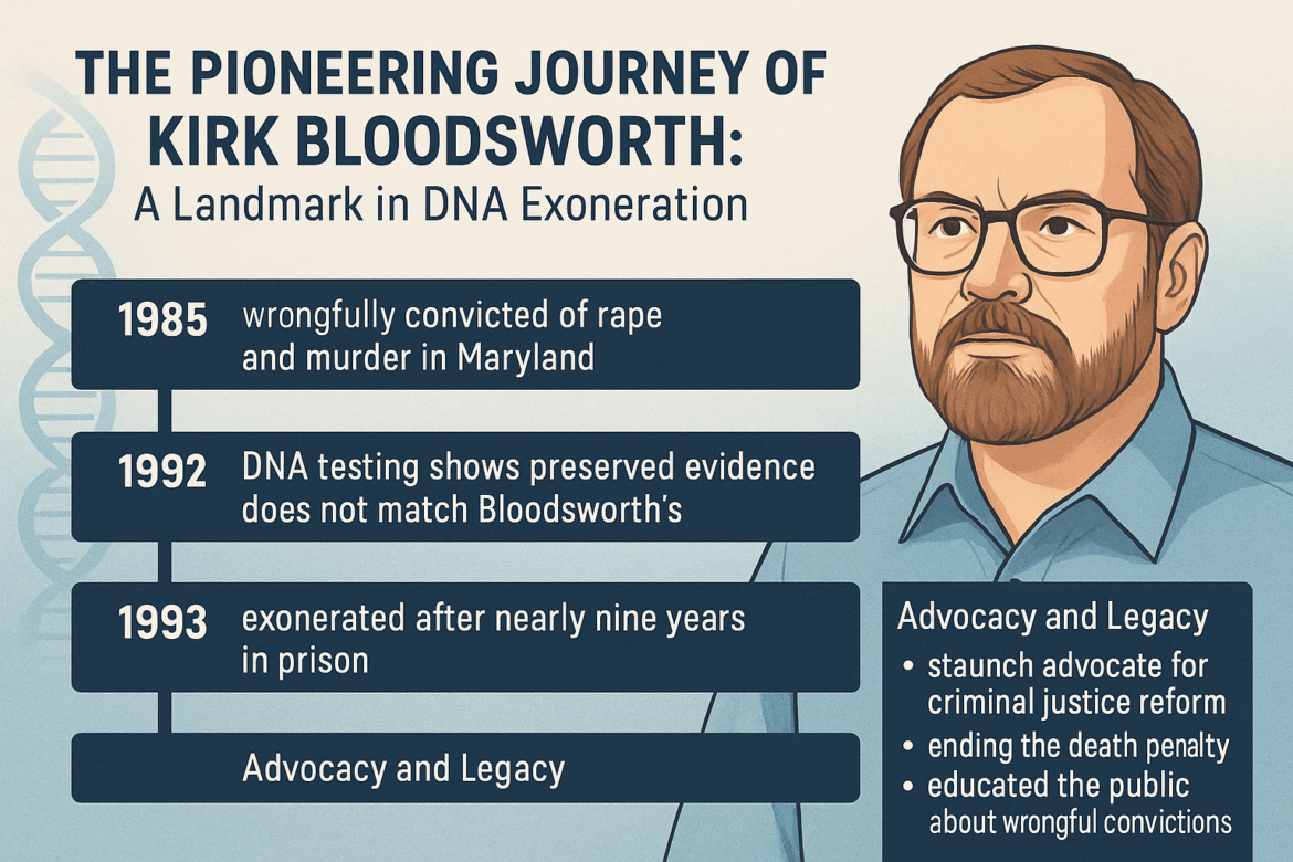 Illustrated timeline of Kirk Bloodsworths wrongful conviction DNA exoneration and advocacy work