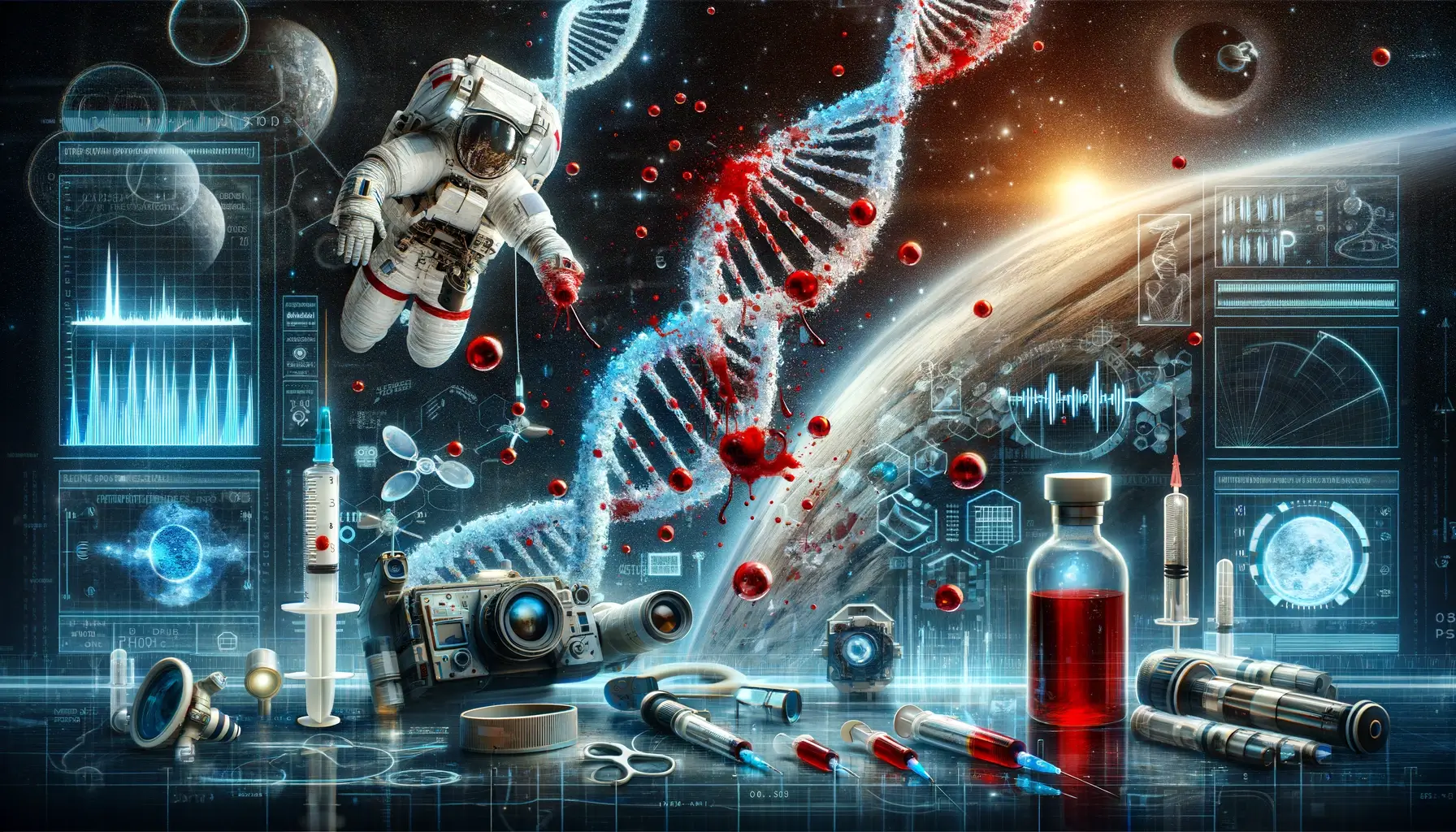 Bloodstain Pattern Analysis in Microgravity A New Frontier in Forensic Science A professional landscape image depicting bloodstain pattern analysis in a microgravity environment Simplyforensic