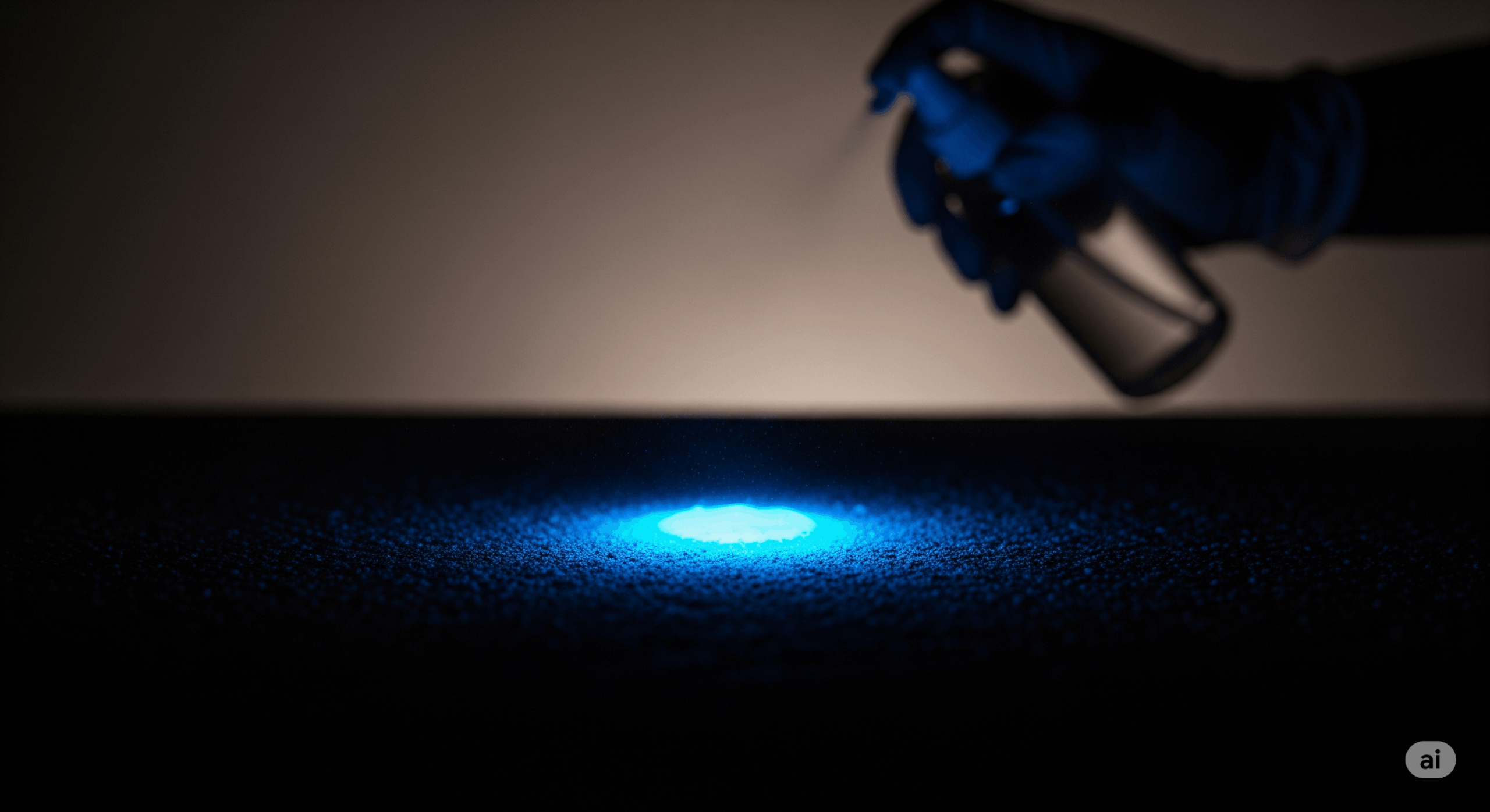 Forensic Luminol Reaction for Blood Detection A bright blue glow from a luminol reaction on a dark surface with a faint silhouette of a gloved hand holding a spray bottle in the background depicting forensic investigation Simplyforensic