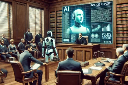 A Courtroom Scene With A Futuristic Touch Featuring A Judge Jury And Lawyers All Engaged In A Trial