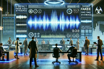 Dalle 2024 08 31 142949 A Futuristic Forensic Lab Scene With A Focus On Audio Analysis A Large Screen Displays A Digital Waveform With Highlighted Sections Showcasing Signs