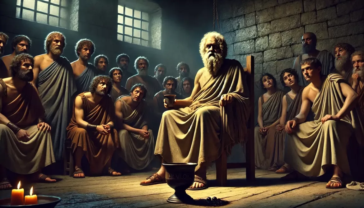 A Dramatic Scene Featuring The Execution Of Socrates In Ancient Greece Holding A Cup Of Hemlock 1