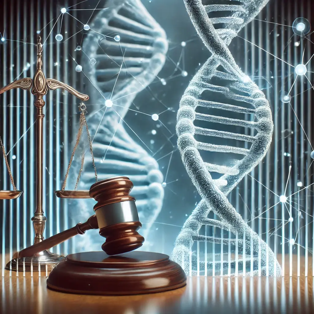 DNA intertwined with justice scales, symbolizing forensic science challenges.