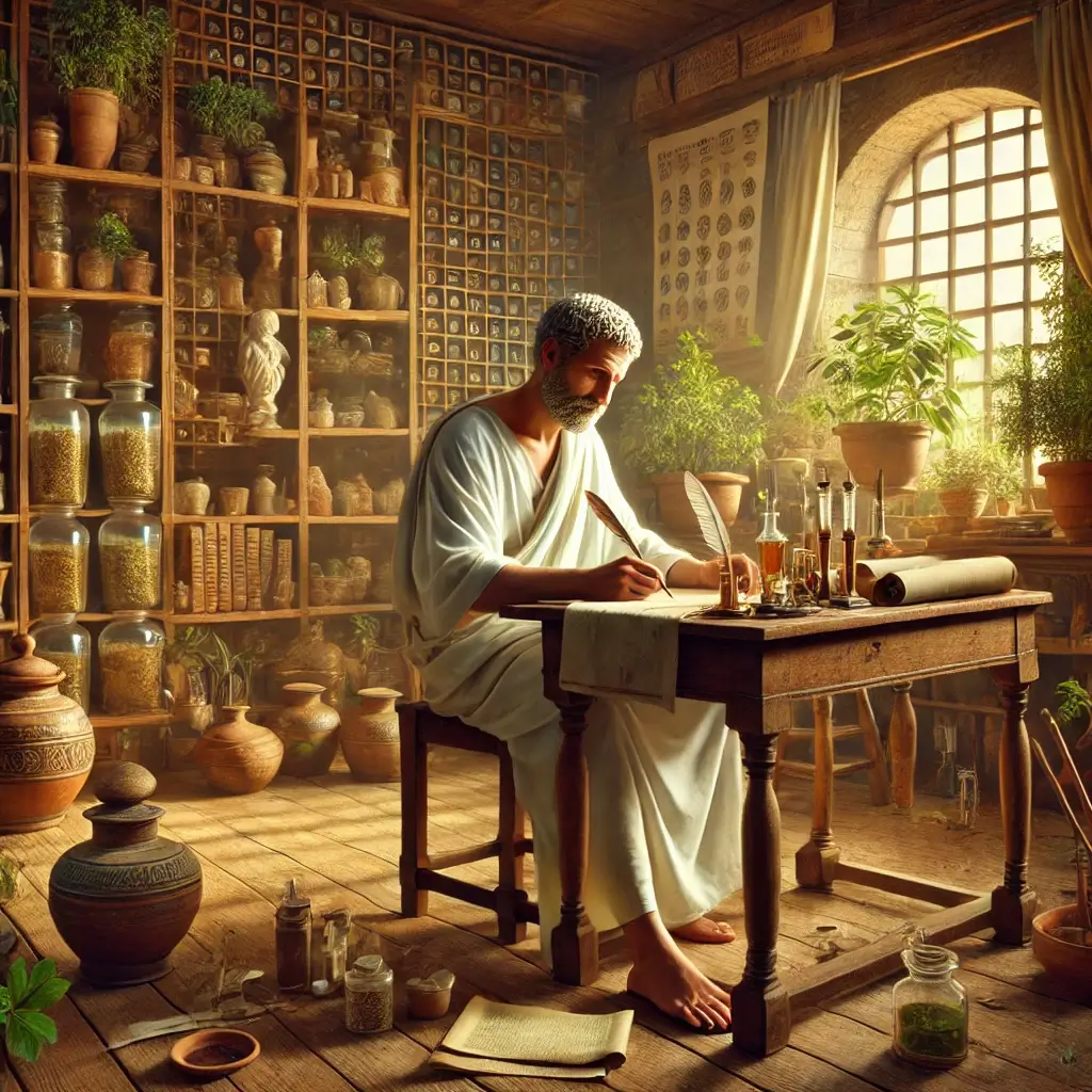 Dioscorides Ancient Greek Physician De Materia Medicajpg 1 Dioscorides an Ancient Greek physician seated at a wooden desk in a Roman apothecary like setting surrounded by scrolls jars and medicinal plants writing in a large manuscript of De Materia Medica Simplyforensic