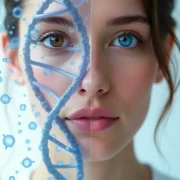 Human Chimerism A Visual Representation of Genetic Diversity DNA strand overlaying a womans face with heterochromia representing the genetic phenomenon of human chimerism Simplyforensic