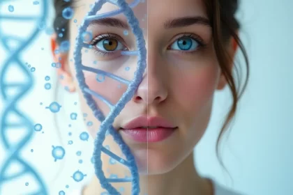 DNA strand overlaying a woman's face with heterochromia, representing the genetic phenomenon of human chimerism.