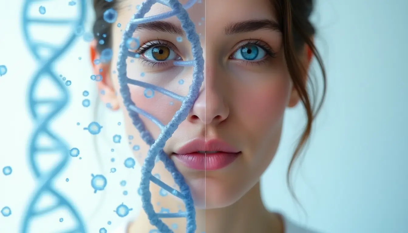 Human Chimerism A Visual Representation of Genetic Diversity DNA strand overlaying a womans face with heterochromia representing the genetic phenomenon of human chimerism Simplyforensic