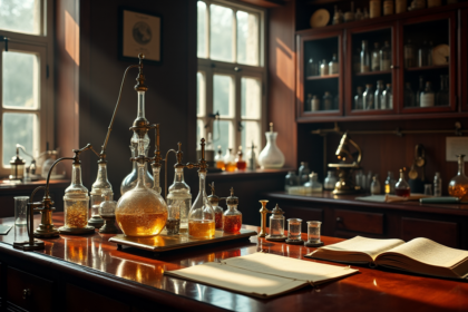 Alexander Gettlers Forensic Toxicology Laboratory A vintage laboratory filled with glass flasks beakers and scientific equipment illuminated by warm sunlight representing the pioneering forensic toxicology work of Alexander Gettler Simplyforensic