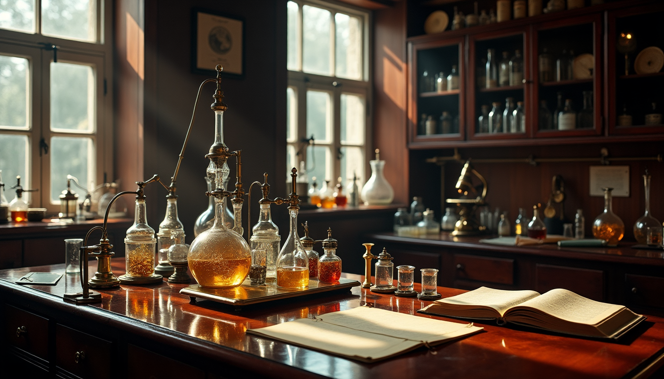 Alexander Gettlers Forensic Toxicology Laboratory A vintage laboratory filled with glass flasks beakers and scientific equipment illuminated by warm sunlight representing the pioneering forensic toxicology work of Alexander Gettler Simplyforensic