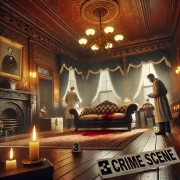 Andrew Borden 1892 Murder Crime Scene A crime scene inside a luxurious 19th century Victorian parlor with ornate decor where forensic investigators examine bloodstains on a tufted sofa under golden chandeliers surrounded by evidence markers Simplyforensic