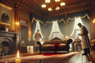 A crime scene inside a luxurious 19th-century Victorian parlor with ornate decor, where forensic investigators examine bloodstains on a tufted sofa under golden chandeliers, surrounded by evidence markers.