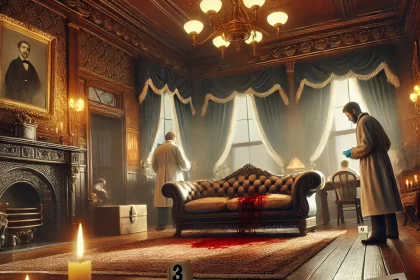 A crime scene inside a luxurious 19th-century Victorian parlor with ornate decor, where forensic investigators examine bloodstains on a tufted sofa under golden chandeliers, surrounded by evidence markers.