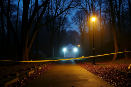 A dimly lit path surrounded by bare trees at night, marked with yellow caution tape, leading to a white tent illuminated by spotlights in a mysterious crime scene.