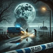 Danielle Jones Murder Crime Scene 1 A rural crime scene at night with police investigators examining evidence on a foggy road illuminated by flashlight and a glowing full moon in the background A police van with blue lights and caution tape frame the eerie setting Simplyforensic