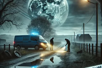 A rural crime scene at night with police investigators examining evidence on a foggy road, illuminated by flashlight and a glowing full moon in the background. A police van with blue lights and caution tape frame the eerie setting.