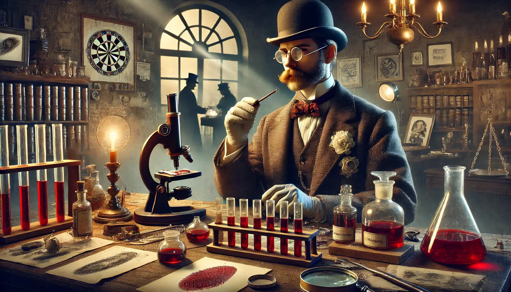 A 19th century forensic scientist analyzing crime scene evidence representing the early development of forensic science A Victorian era forensic scientist examines evidence in a candlelit laboratory surrounded by test tubes fingerprints and a microscope symbolizing early forensic investigations Simplyforensic