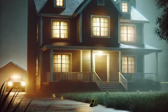 Suzanne Capper Torture Murder Crime Scene A dimly lit suburban house at night with its windows glowing ominously Evidence markers are placed on the front lawn and street under the glow of a streetlamp evoking a sinister and mysterious atmosphere tied to a crime scene Simplyforensic