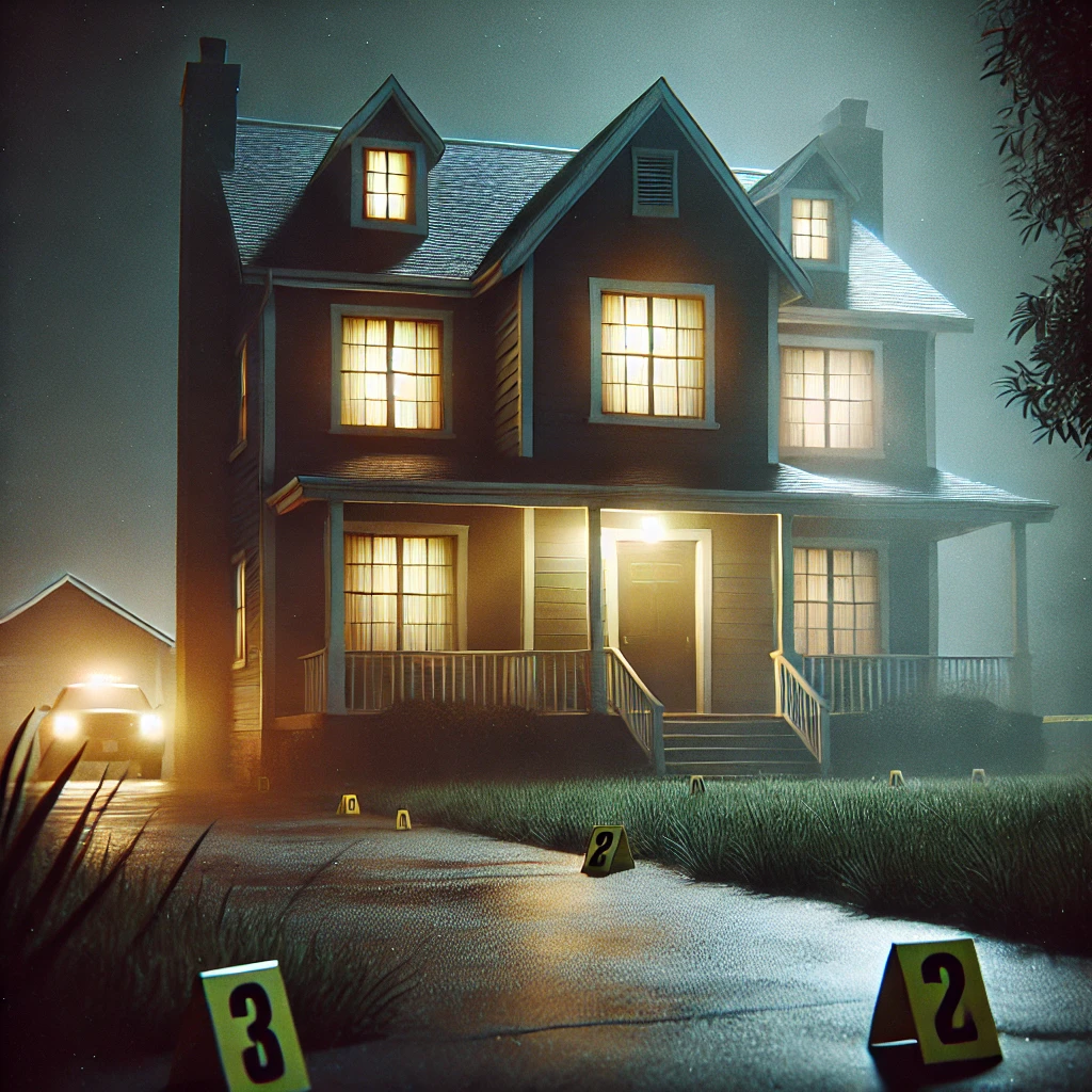 Suzanne Capper Torture Murder Crime Scene A dimly lit suburban house at night with its windows glowing ominously Evidence markers are placed on the front lawn and street under the glow of a streetlamp evoking a sinister and mysterious atmosphere tied to a crime scene Simplyforensic