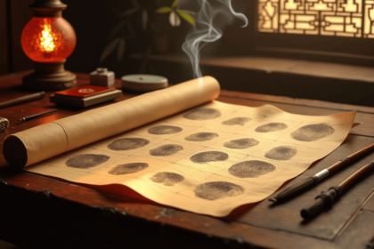 fingerprint impressions alongside a Tang Dynasty document bearing inked fingerprint marks