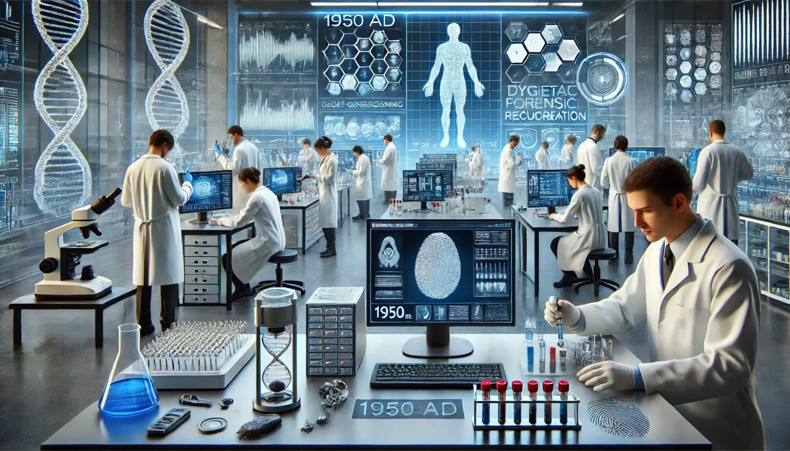 forensic science 1950s digital revolution Scientists in a high tech 1950s forensic lab analyze digital fingerprint scans DNA samples and crime scene evidence representing the evolution of forensic science Simplyforensic