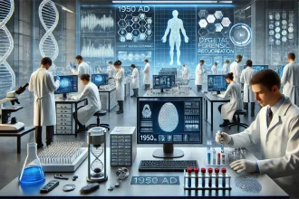 forensic science 1950s digital revolution Scientists in a high tech 1950s forensic lab analyze digital fingerprint scans DNA samples and crime scene evidence representing the evolution of forensic science Simplyforensic