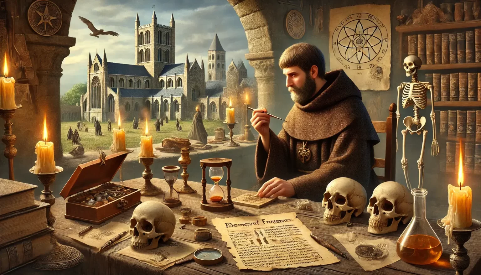 medieval forensic investigationjpg A medieval scholar in a candlelit study examines forensic evidence surrounded by skulls alchemical tools and ancient manuscripts representing the early development of forensic science Simplyforensic