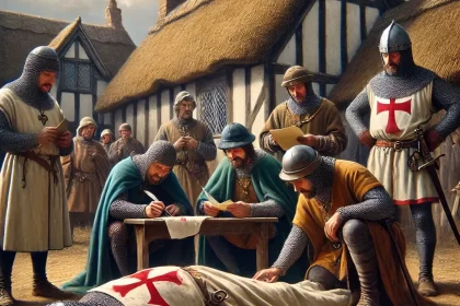 Medieval coroners examining a crime scene under Richard the Lionheart's rule, representing the origins of the coronial system