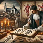 The Renaissance of Forensic Science and Anatomy A Renaissance scholar in a candlelit study examines anatomical drawings surrounded by skeletons medical instruments and forensic tools symbolizing the advancement of forensic science Simplyforensic