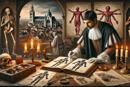 The Renaissance of Forensic Science and Anatomy A Renaissance scholar in a candlelit study examines anatomical drawings surrounded by skeletons medical instruments and forensic tools symbolizing the advancement of forensic science Simplyforensic