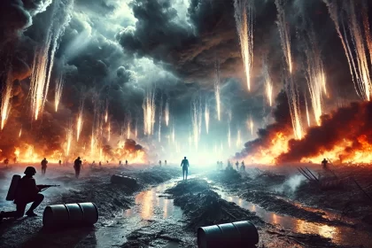 A devastating scene of white phosphorus munitions exploding on a battlefield, with a fiery sky, scorched earth, and soldiers silhouetted against the destruction.