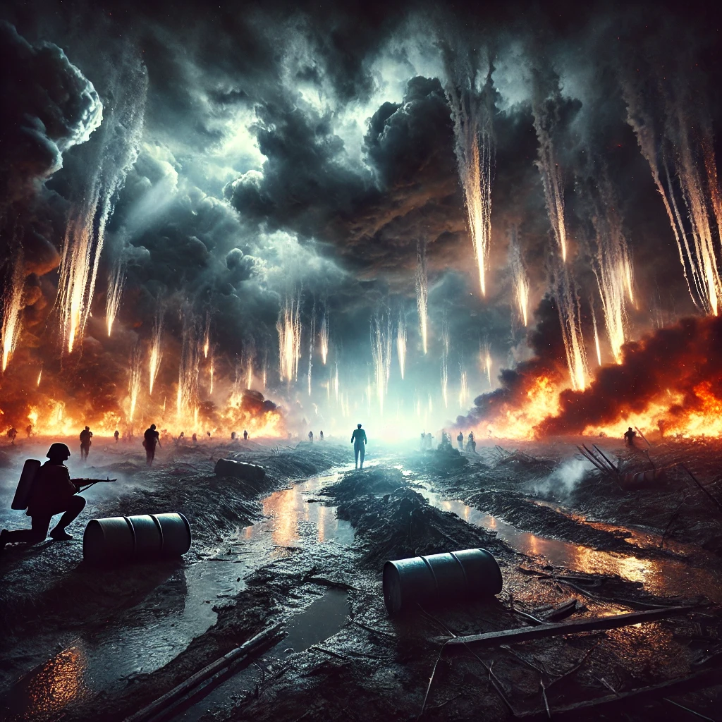 Impact of White Phosphorus Munitions on a Battlefield A devastating scene of white phosphorus munitions exploding on a battlefield with a fiery sky scorched earth and soldiers silhouetted against the destruction Simplyforensic