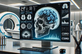 Advanced Forensic Laboratory with CT Skull Analysis A modern forensic laboratory featuring a detailed CT scan of a skull with cranial traits overlaid with digital data visuals and neural network graphics along with subtle CSIRO branding Simplyforensic