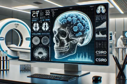 A modern forensic laboratory featuring a detailed CT scan of a skull with cranial traits, overlaid with digital data visuals and neural network graphics, along with subtle CSIRO branding.