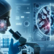 Forensic Lab Imaging Sexome Forensics Analysis A scientist examining bacterial structures through a microscope with digital overlays of microbiological data and a split view diagram of bacterial colonies Simplyforensic