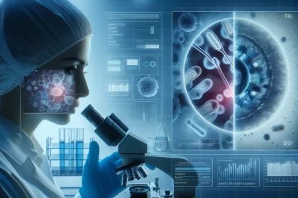 A scientist examining bacterial structures through a microscope with digital overlays of microbiological data and a split-view diagram of bacterial colonies.