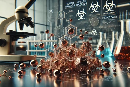 Copper Compounds and Molecular Analysis in Modern Laboratory Copper compounds in crystalline form on a lab workbench with overlaid molecular structures hazard icons and lab equipment in the background Simplyforensic