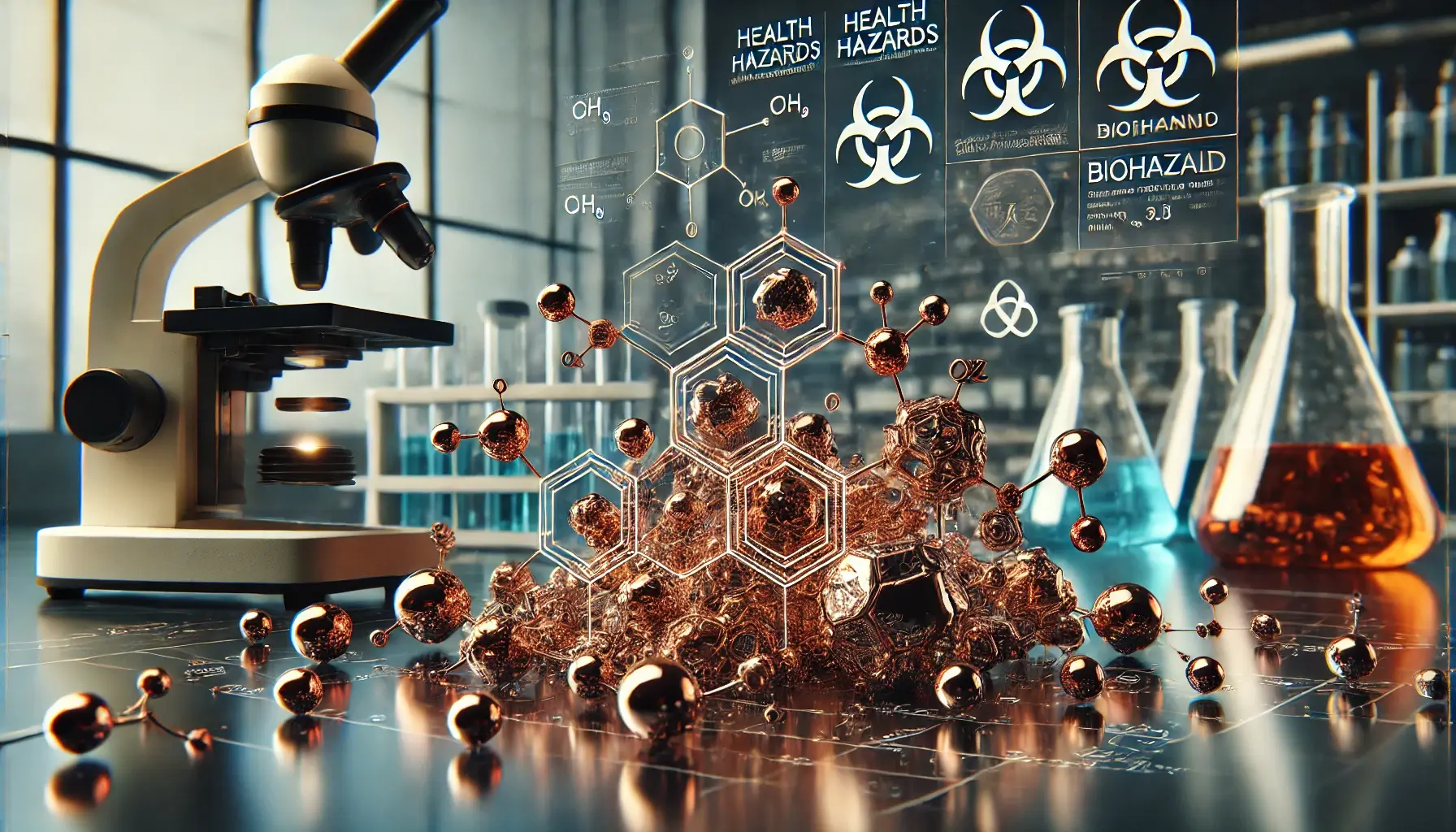 Copper Compounds and Molecular Analysis in Modern Laboratory Copper compounds in crystalline form on a lab workbench with overlaid molecular structures hazard icons and lab equipment in the background Simplyforensic